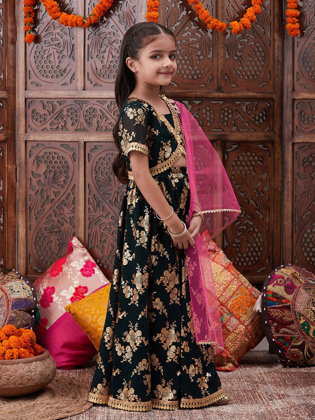 pspeaches Girls Foil Printed Ready to Wear Lehenga Choli With Dupatta