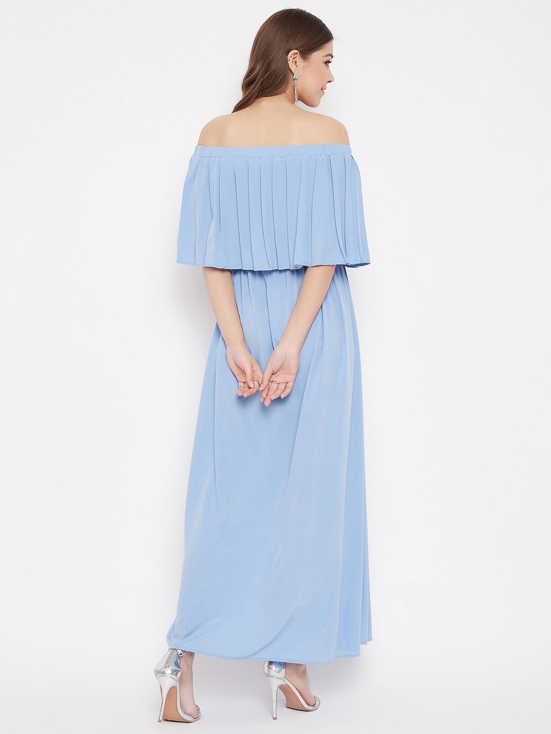 Berrylush Women Blue Solid Off Shoulder Maxi Dress