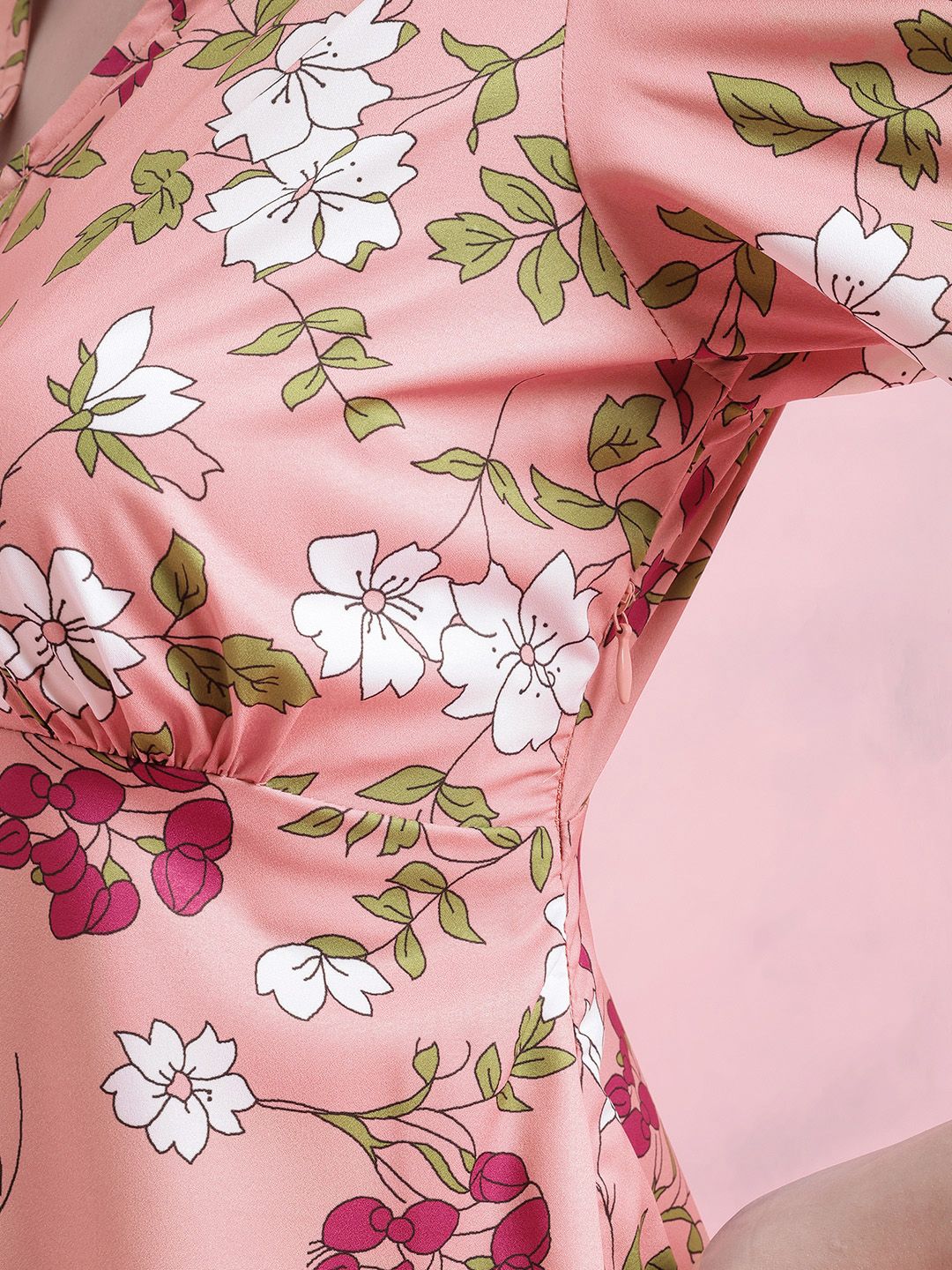 DressBerry Floral Print Puff Sleeves A-Line Midi Dress with Mock Buttons