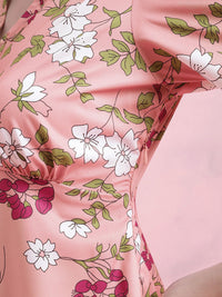 DressBerry Floral Print Puff Sleeves A-Line Midi Dress with Mock Buttons