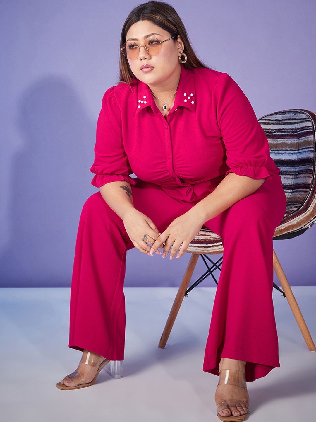 SASSAFRAS Curve Fuchsia Pink Plus Size Self Design Shirt With Trouser Co-Ords