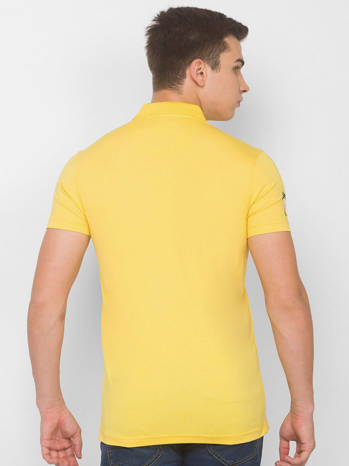 SPYKAR Men Yellow & Black Typography Printed Polo Collar Slim Fit T-shirt
