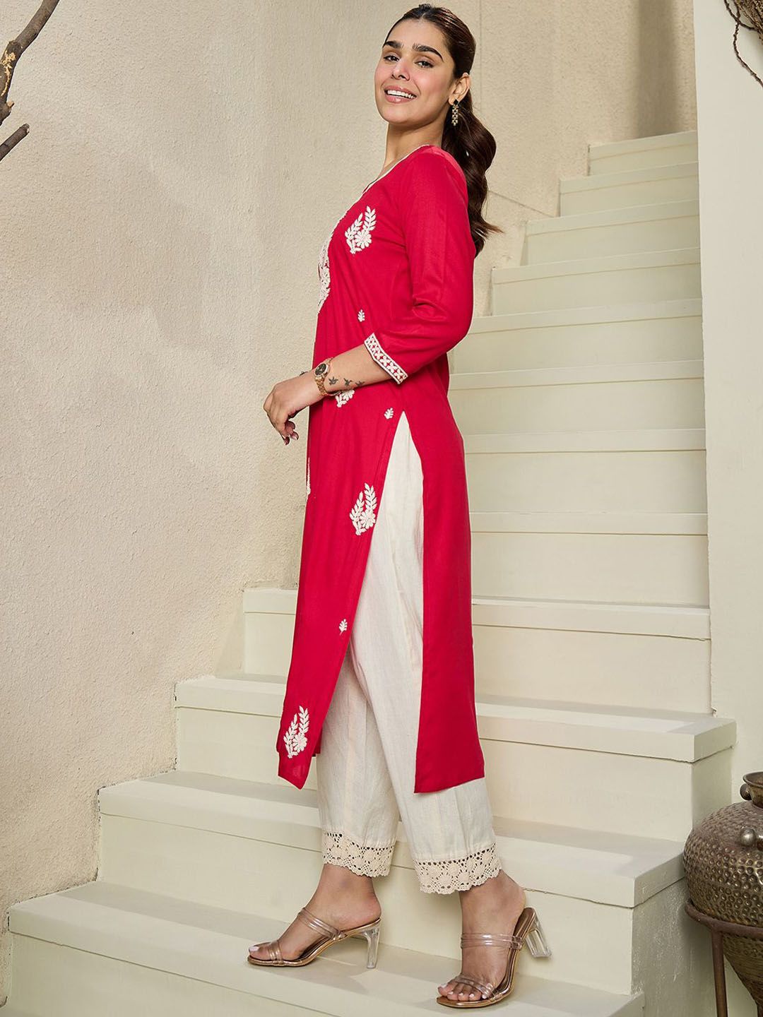 Indo Era Floral Embroidered Notch Neck Kurta