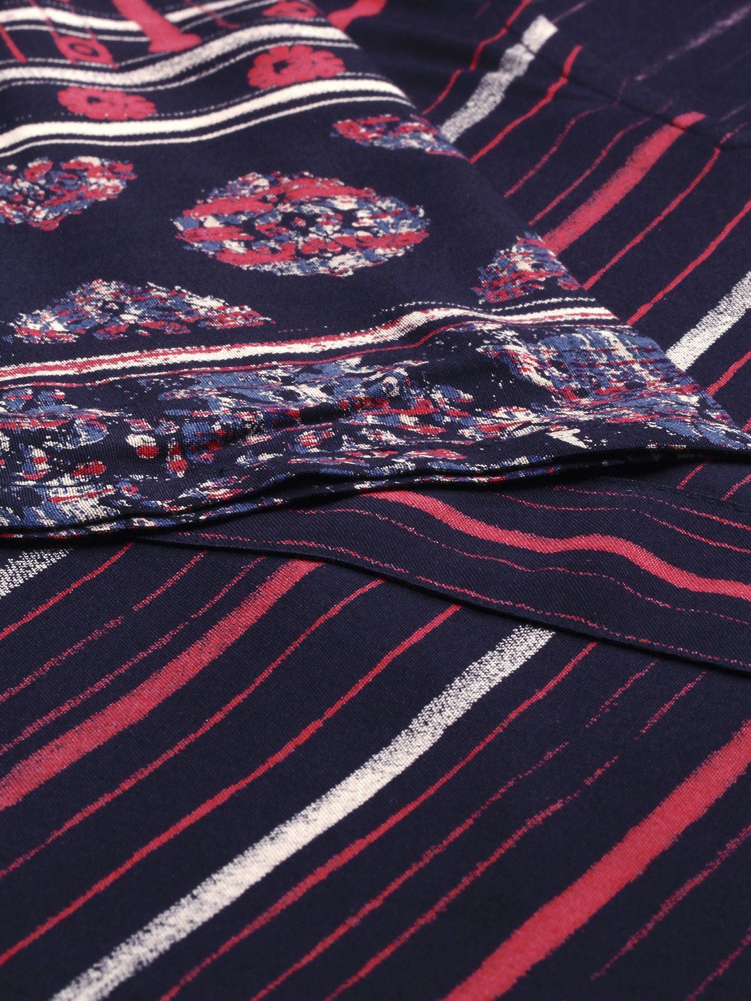 Anouk Navy Blue Striped Rayon Straight Kurta With Pompom Lace Hem