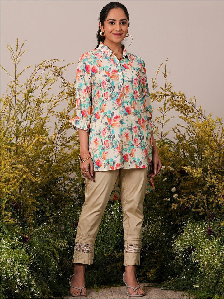 Libas Floral Printed Floral Shirt Collar Three-Quarter Sleeves Pathani Kurta