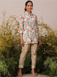 Libas Floral Printed Floral Shirt Collar Three-Quarter Sleeves Pathani Kurta