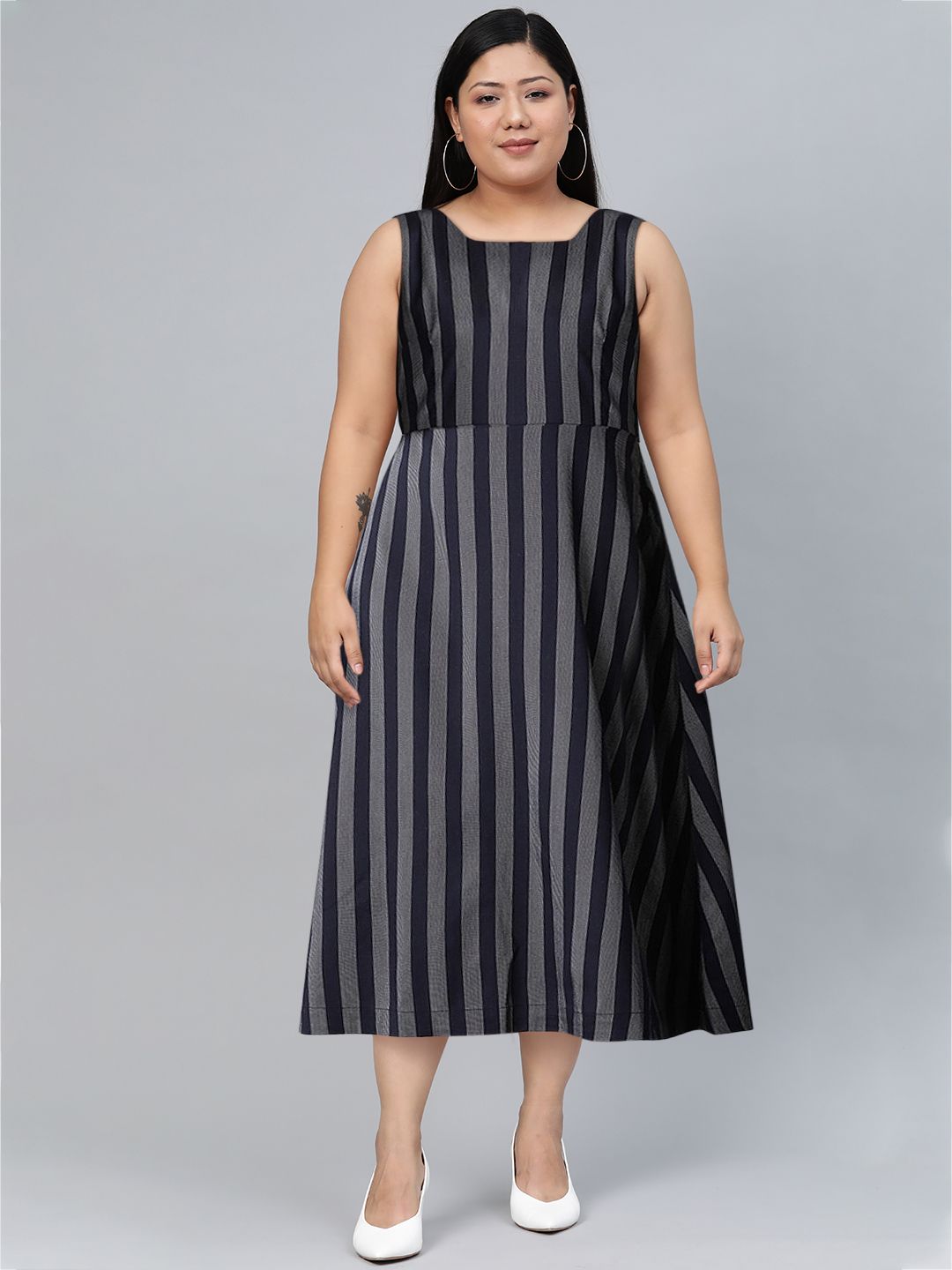 W Women Navy Blue Striped A-Line Dress