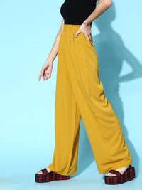 Berrylush Women Stylish Mustard Solid Elevated Bottom Trousers