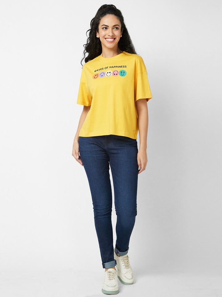 SPYKAR Typography Printed Round Neck Cotton Oversized T-shirt