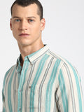 THE BEAR HOUSE Button-Down Collar Slim Fit Striped Casual Cotton Linen Shirt