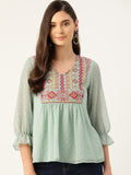 Antheaa Sea Green & Pink Yoke Embroidered Dobby Weave A-Line Top