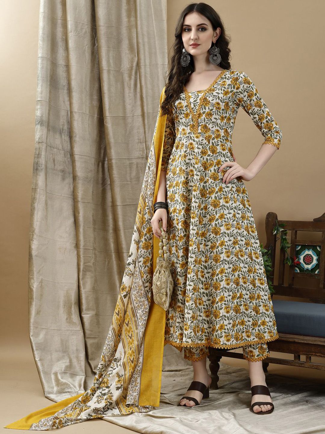 KALINI Floral Printed Pure Cotton Anarkali Kurta With Trousers & Dupatta