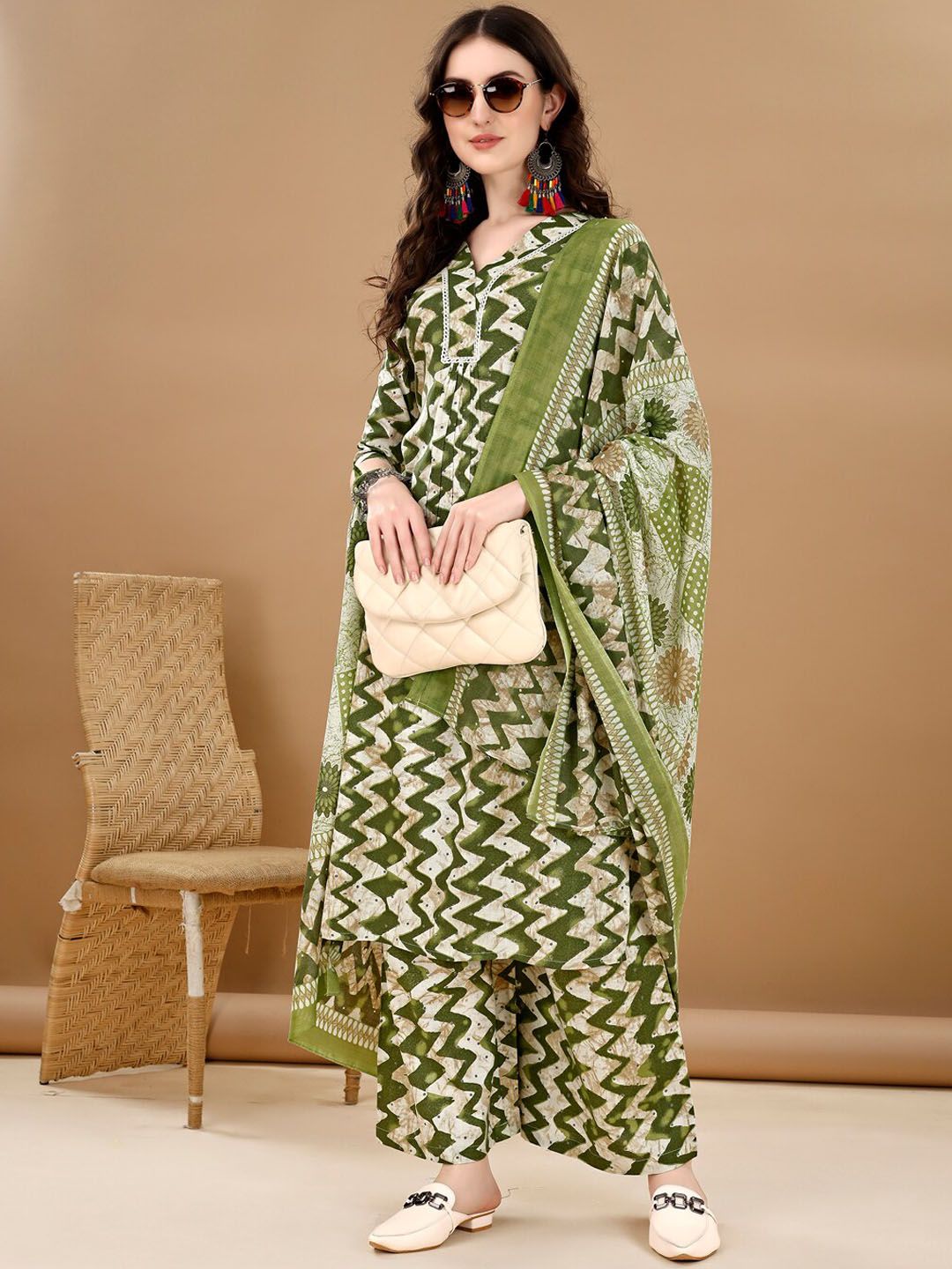 KALINI Chevron Printed Regular Kurta with Palazzos & Dupatta