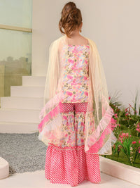 pspeaches Girls Floral Printed Regular Pure Cotton Kurta with Sharara & Dupatta