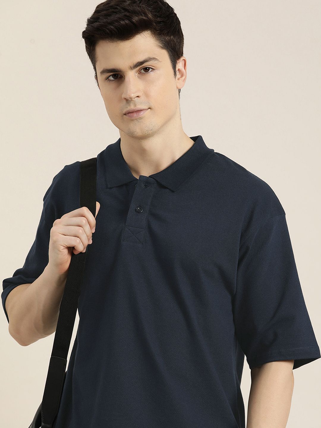 DILLINGER Men Solid Honeycomb Structure Oversized Cotton Polo T-Shirt