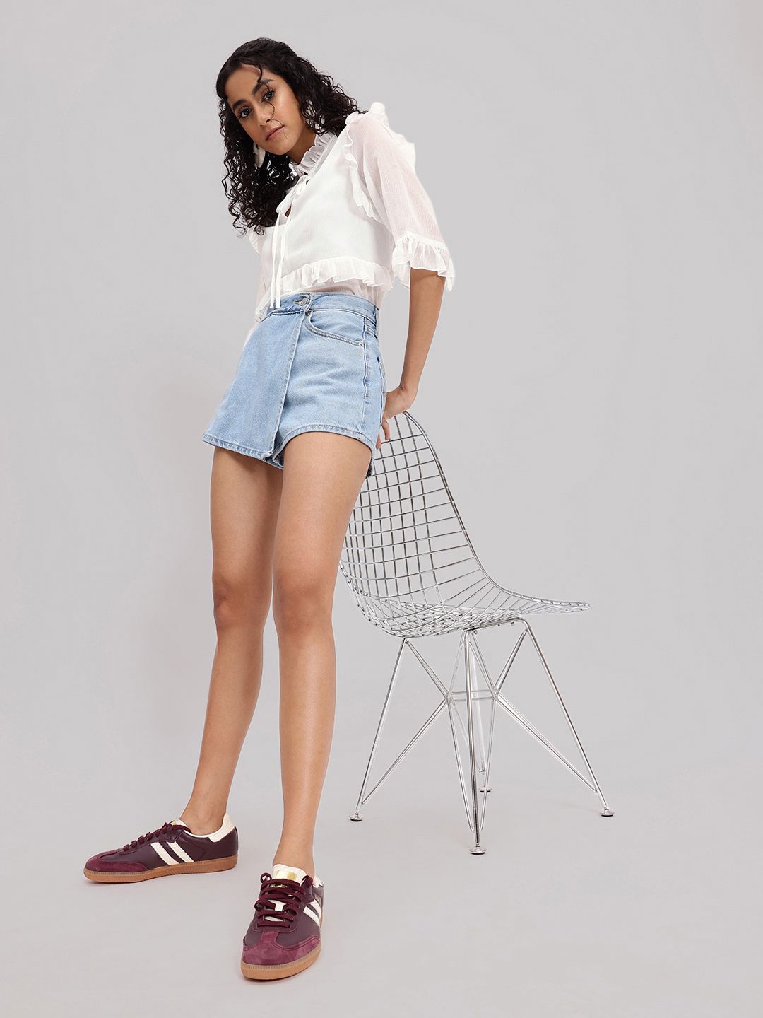 DressBerry Romantic Ruffles Strike Tie-Up Neck Bell Sleeves Top