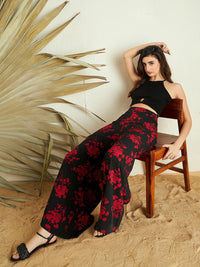 Berrylush Women Black Red Floral Printed Loose Fit High-Rise Parallel Trousers
