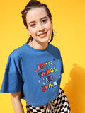 STREET 9 Women Blue Typography Printed Oversized Crop T-shirt