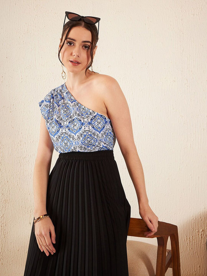 DENNISON Ethnic Motifs Printed Pure Cotton One Shoulder Top