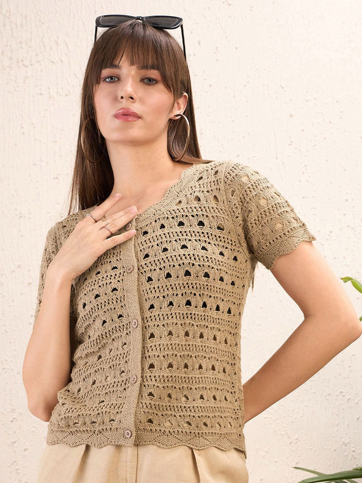 SASSAFRAS Self Design Round Neck Crochet Shirt Style Top