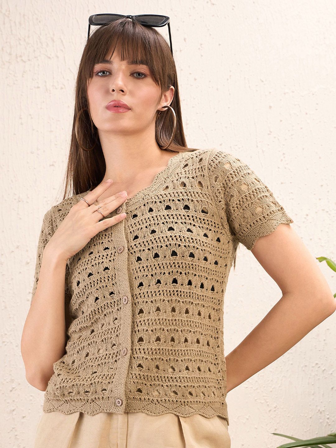 SASSAFRAS Self Design Round Neck Crochet Shirt Style Top