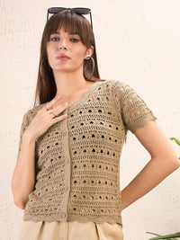 SASSAFRAS Self Design Round Neck Crochet Shirt Style Top