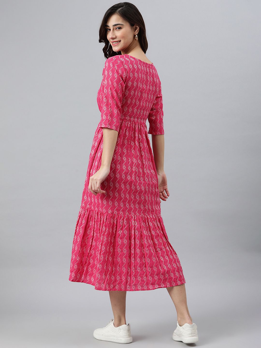 Janasya Women Pink Pure Cotton Woven Design Tiered Dress