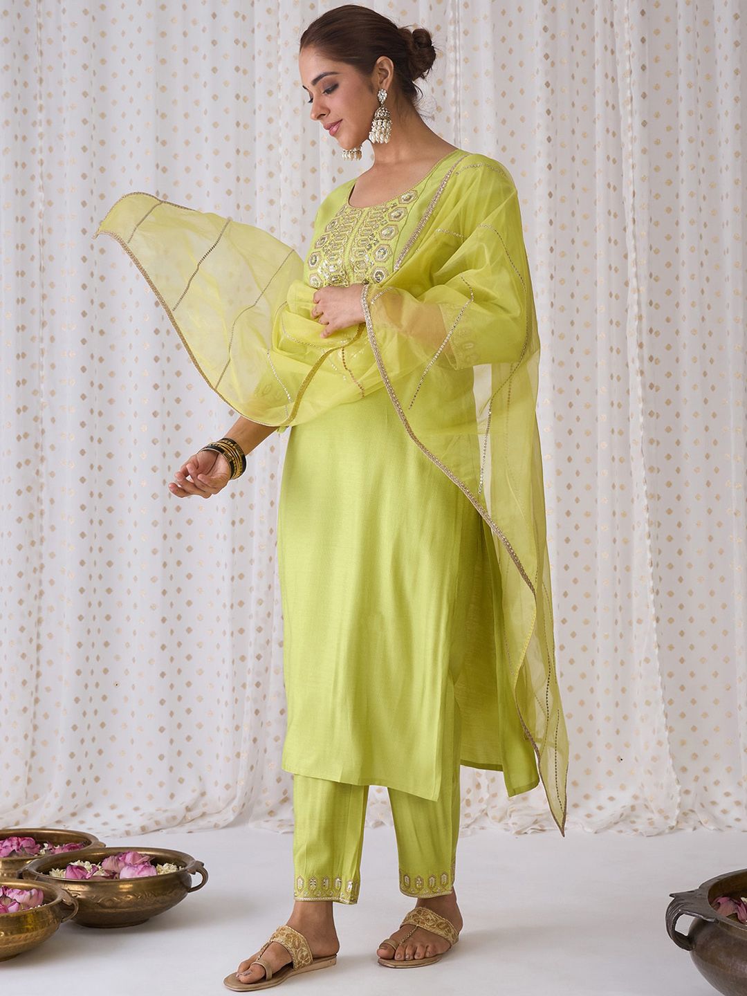 Indo Era Geometric Embroidered Round Neck Liva Straight Kurta with Trousers & Dupatta