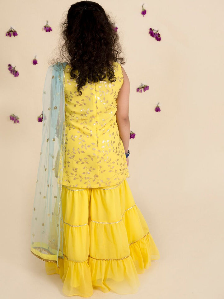 pspeaches Girls Yellow Embroidered Kurti with Sharara & With Dupatta