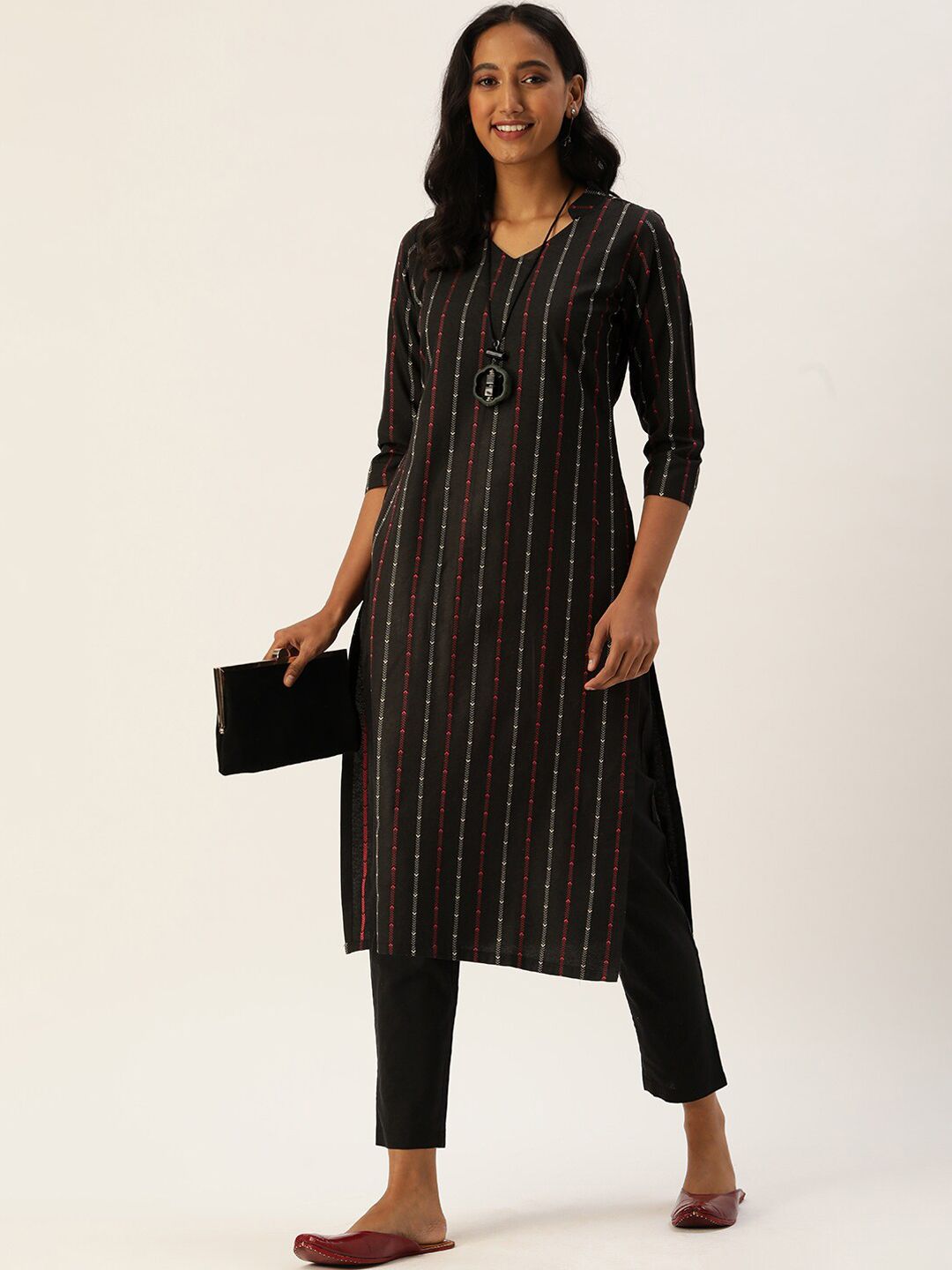 KALINI Geometric Embroidered Straight Kurta with Trousers
