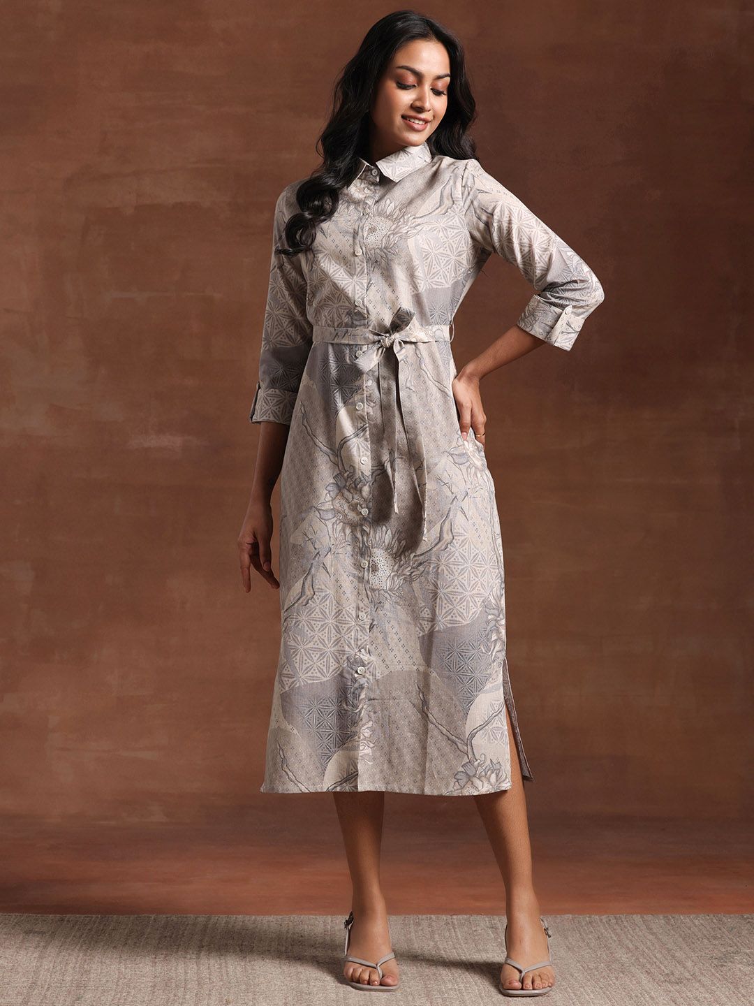 Libas Floral Printed Linen Shirt Collar A-Line Dress