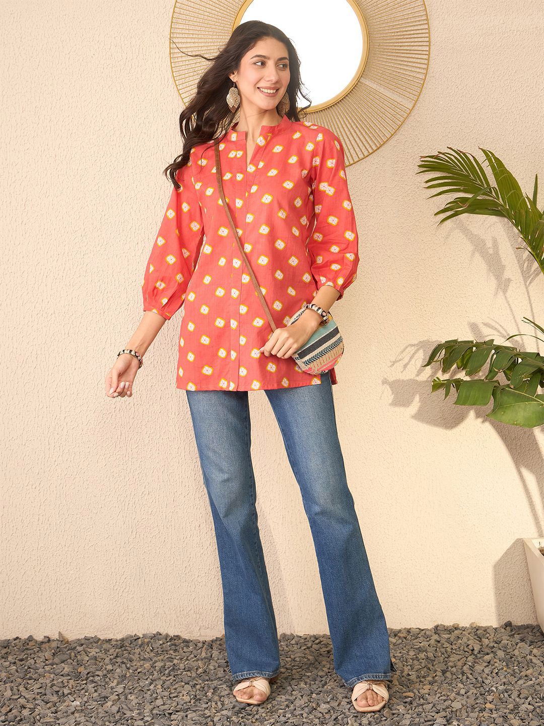 KALINI Tie and Dye Print Mandarin Collar Top