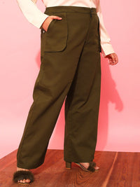 CURVY STREET Women Olive Green Relaxed Straight Leg Loose Fit Trousers