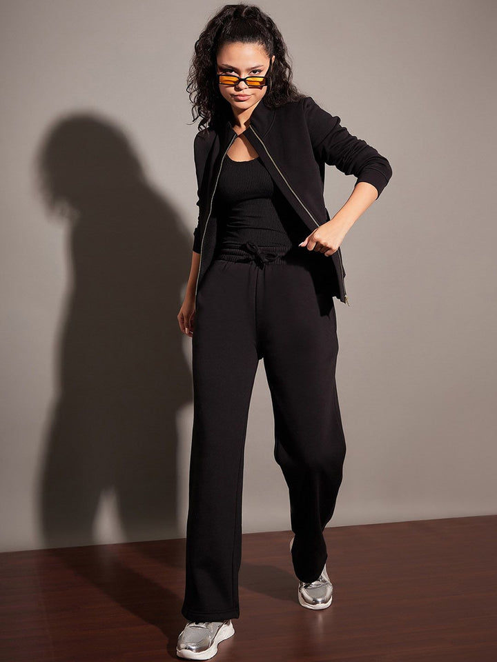 SASSAFRAS Women Black Relaxed Fit Mid-Rise Fleece Track Pants