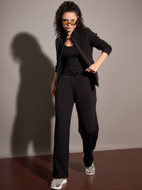 SASSAFRAS Women Black Relaxed Fit Mid-Rise Fleece Track Pants