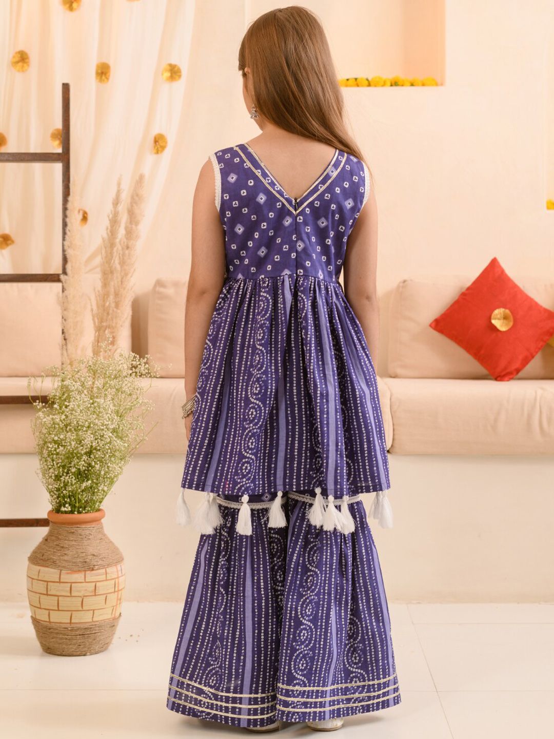 pspeaches Girls Bandhani Printed Pure Cotton Anarkali Kurta With Sharara