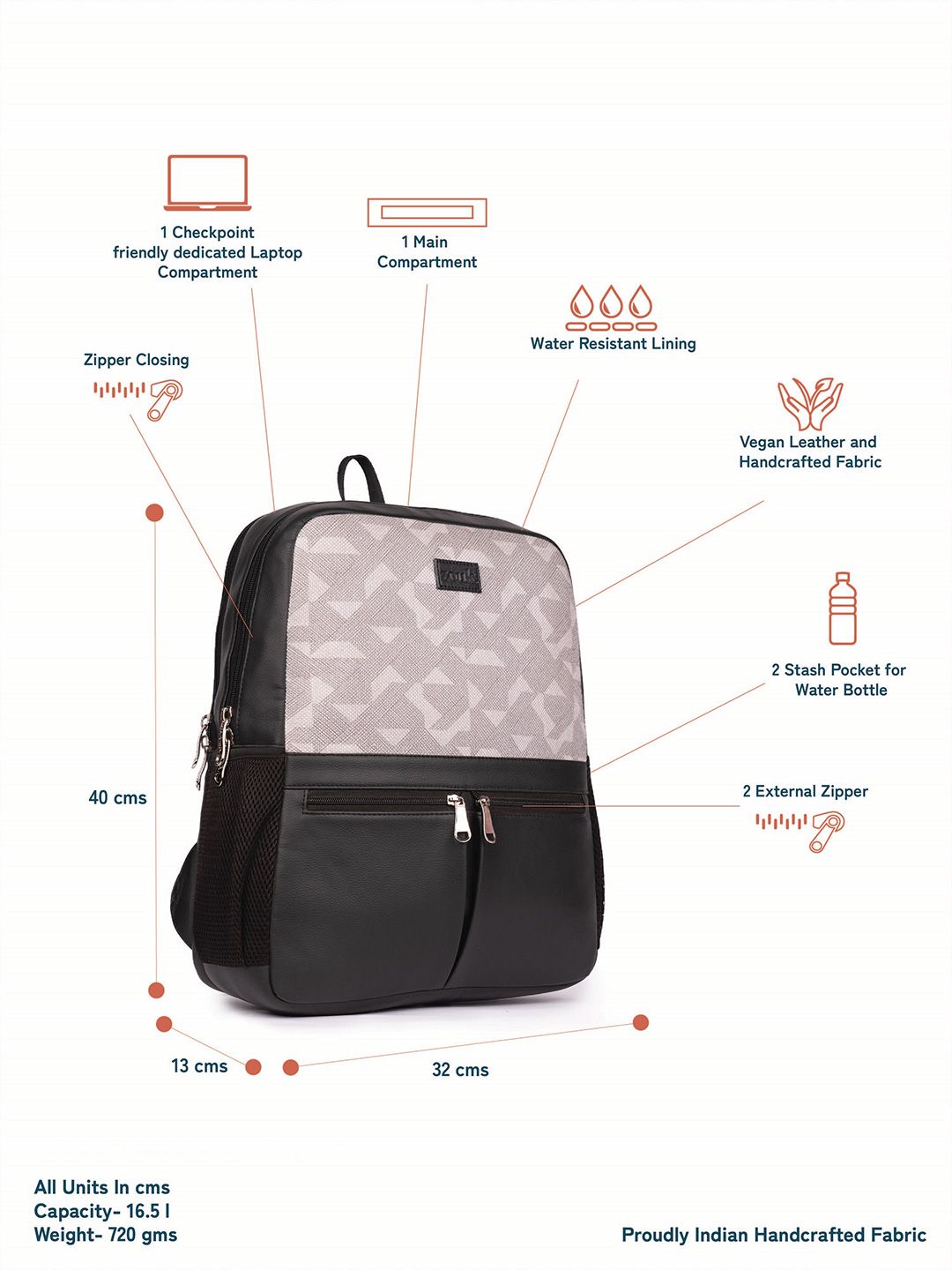 ZOUK Geometric Printed Backpack with Compression Straps Up to 16 inch