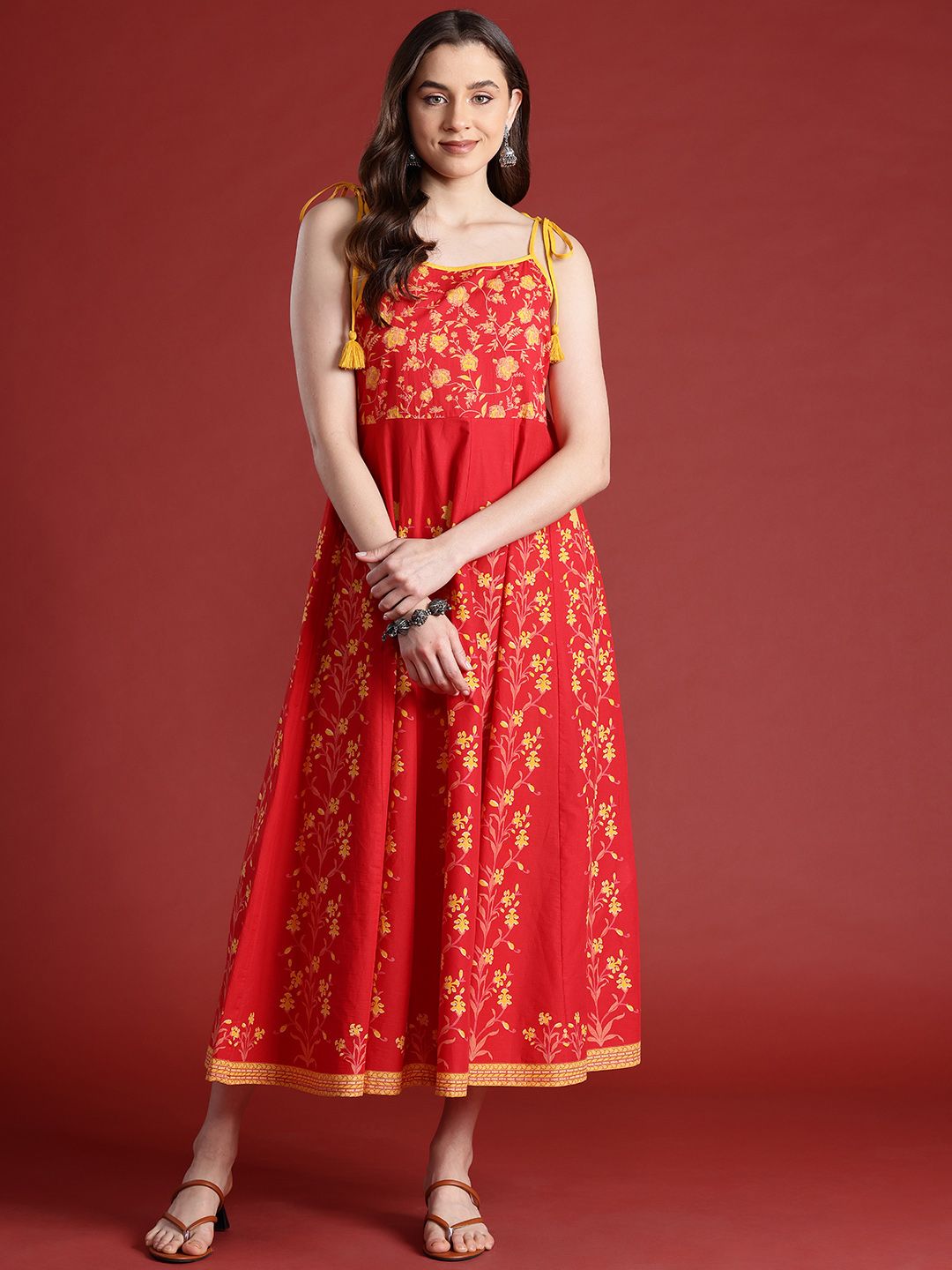 Anouk Floral Printed Sleeveless Pure Cotton Midi Ethnic Dress