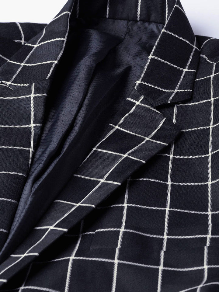 MANQ Men Navy Blue & White Checked Slim Fit Single Breasted Party Blazer