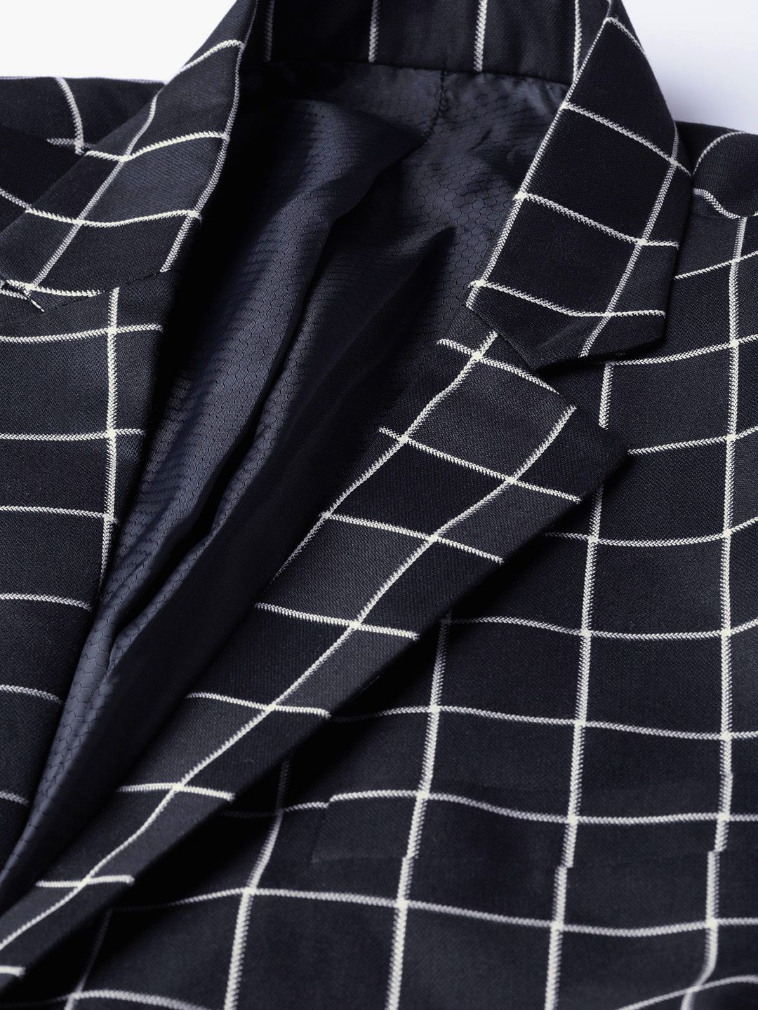 MANQ Men Navy Blue & White Checked Slim Fit Single Breasted Party Blazer