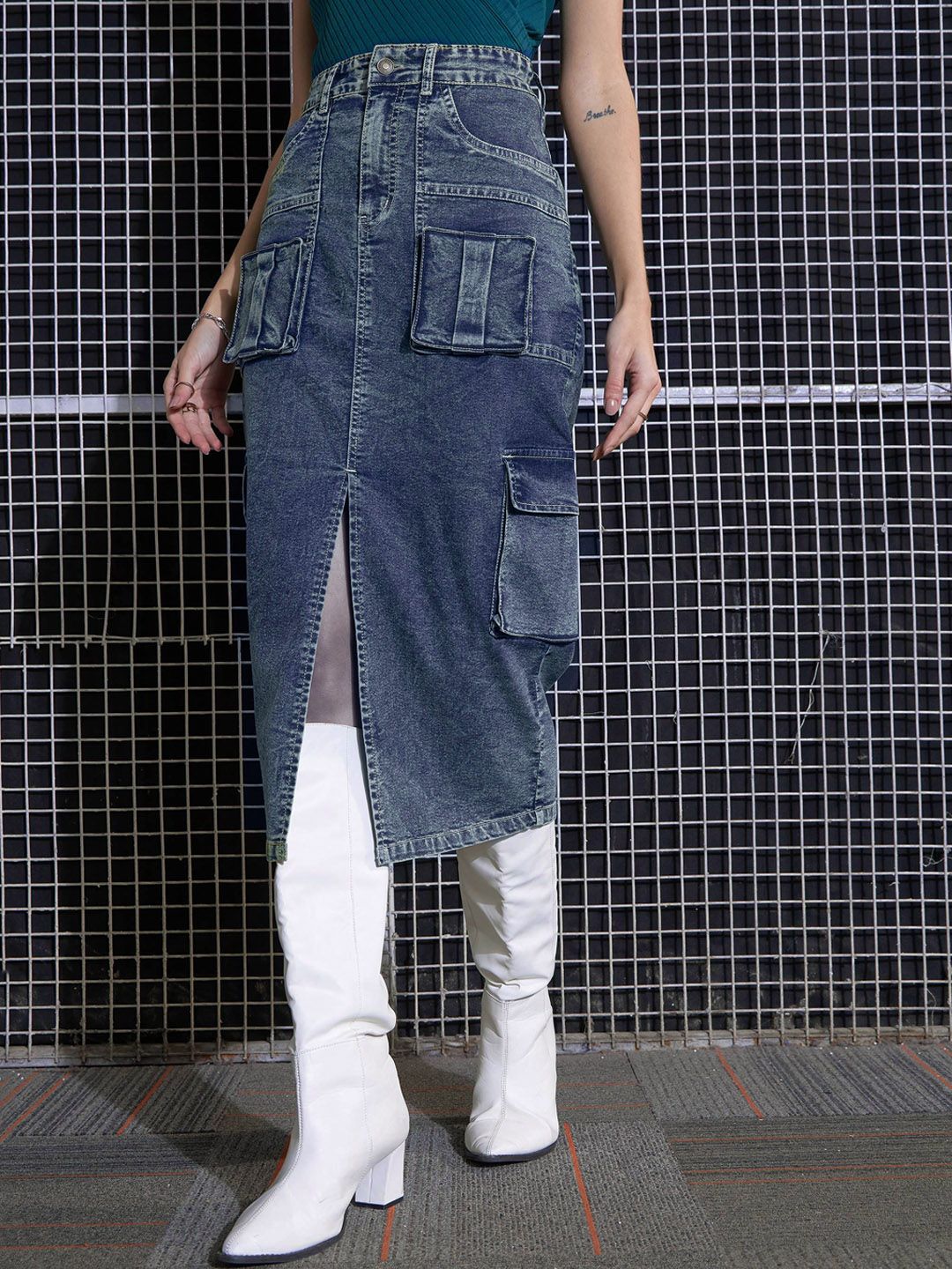 SASSAFRAS Green Washed Cargo Pencil Midi Denim Skirt