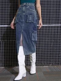 SASSAFRAS Green Washed Cargo Pencil Midi Denim Skirt