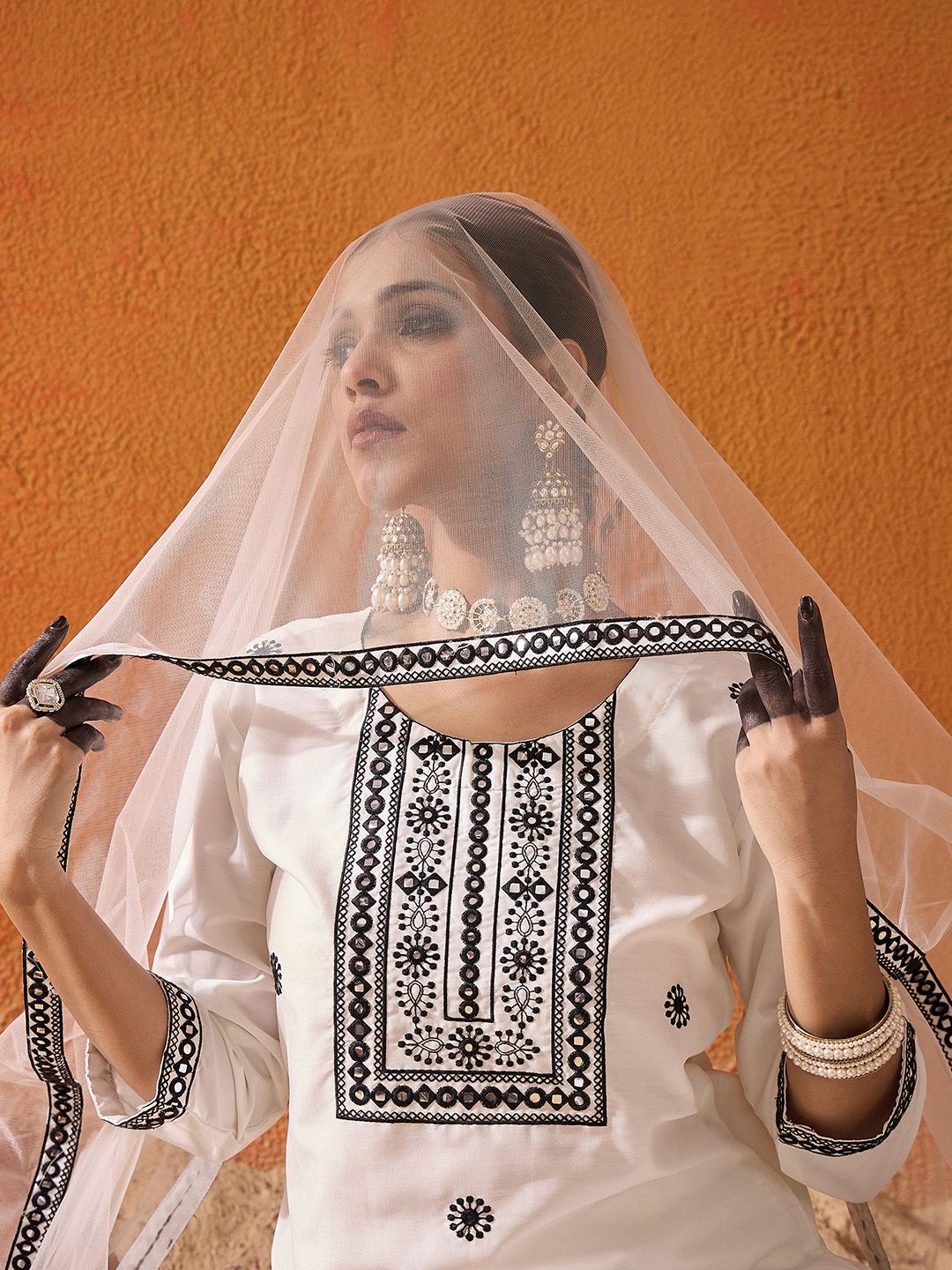 Indo Era White Floral Embroidered Straight Kurta with Trousers & Dupatta