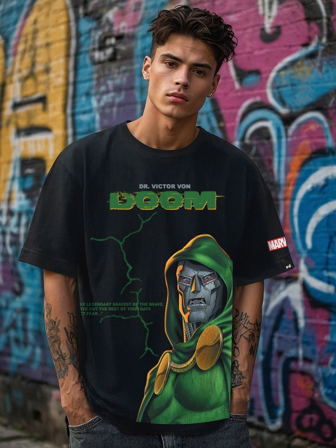 Bewakoof Men Graphic Printed Round Neck Pure Cotton Oversized Marvel T-shirt