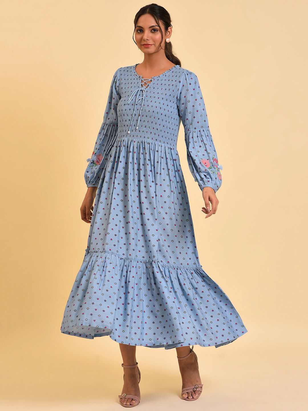 W Blue Floral Printed Smocked Maxi Dress