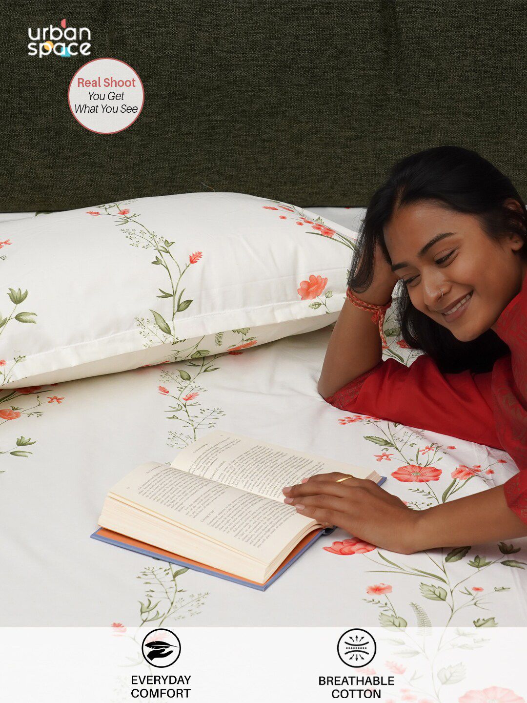 URBAN SPACE Peach-Coloured Printed Cotton 200 TC King Bedsheet With 2 Pillow Covers