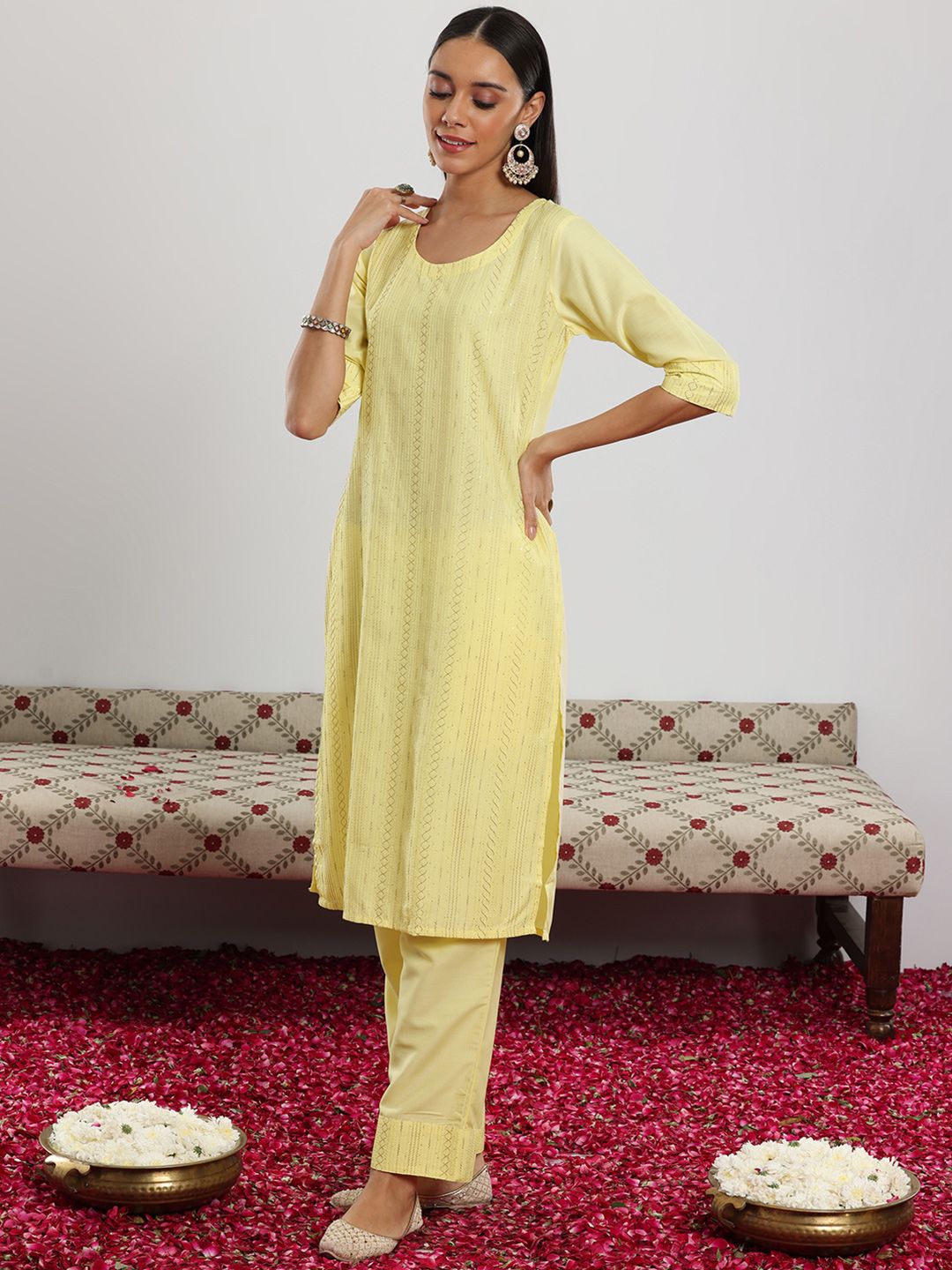 Libas Yellow Geometric Embroidered Sequinned Straight Kurta With Trousers & Dupatta