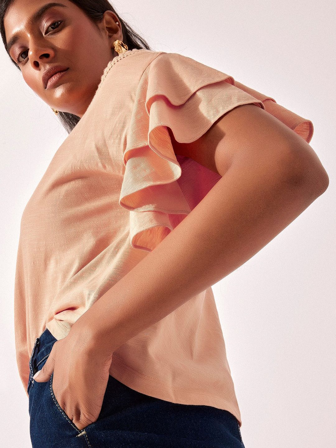 The Label Life Self Design Round Neck Extended Sleeves Cotton Regular Top