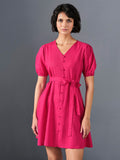AND V-Neck Puff Sleeve A-Line Dress