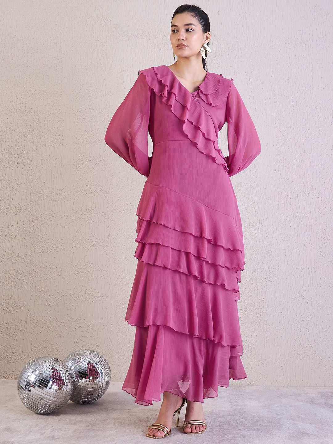 Antheaa Puff Sleeve Chiffon Maxi Dress